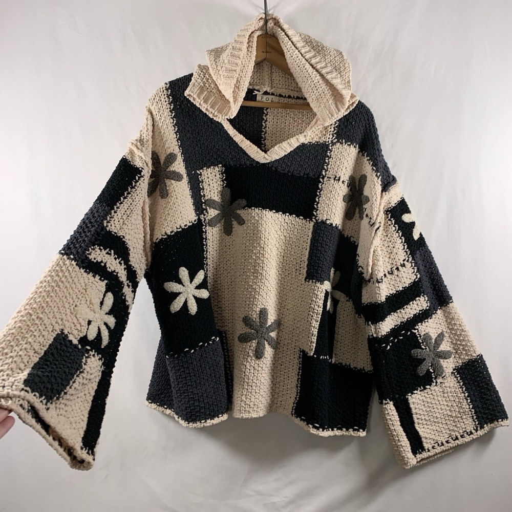 POL Womens Boho Patchwork Daisy Chunky Oversized Sweater Size L Hooded Indie